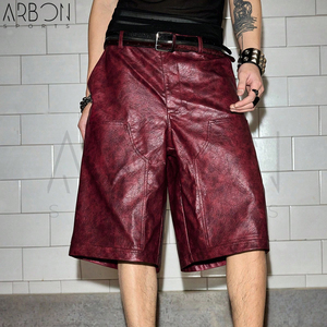 Shorts en similicuir bordeaux vieilli de qualité supérieure, nouvelle collection 2026, style décontracté haute couture, avec impression de logo personnalisé, best-seller - Product Image 5