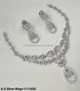 Conjunto nupcial clásico americano de latón con diamantes, de dos piezas: collar y pendientes, chapado en plata antigua, regalo de compromiso para fiesta de bodas - Product Image 1