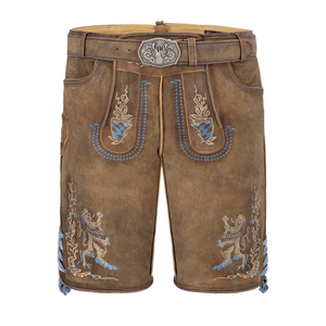 Men Bavarian Lederhosen Shorts Brown Embroidered Traditional Trachten Pants Oktoberfest Casual Wear - Product Image 1