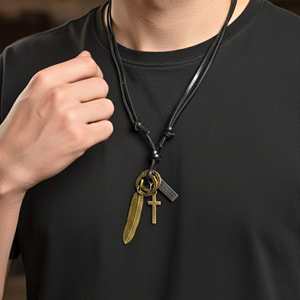 Wanderer's Faith Brass Gold 2.3-Inch Stainless Steel Pendant with Pearl Number Design & Adjustable Leather <b>Rope</b> for Men - Product Image 1
