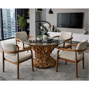 Modern Minimalist Teak Root Wood <b>Dining</b> <b>Table</b> with Glass <b>Top</b> & Comfortable Chairs-Durable Eco-Friendly <b>Dining</b> Set for Villa - Product Image 2