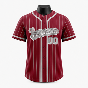 Camiseta de Béisbol a Rayas Rojas para Hombre, Manga Corta, Cierre de Botones, Transpirable, de Poliéster, con Logotipo en la Manga Izquierda - Product Image 1