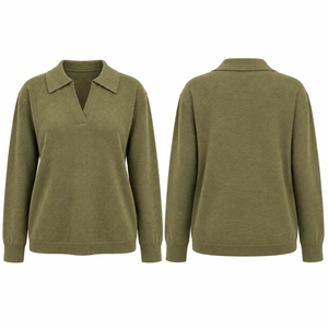 Women's Olive Green Casual Anti-Pilling 100% Cotton V-neck Pullover Long Sleeve Soft <b>Fine</b> Knitwear Winter Daily Wear - Product Image 4
