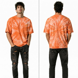 T-shirt en jersey de coton tie-dye orange surdimensionné pour homme, col rond, manches courtes, basique, décontracté - Product Image 5