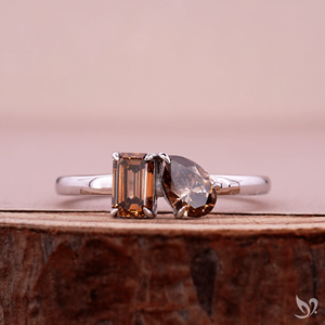 Emerald and Pear Cut Fancy Champagne Lab Grown Diamond Toi Et Moi Engagement Ring with Silver Wedding Gift | Ready to Ship - Product Image 1