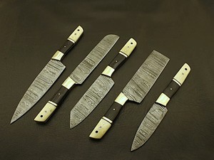 Ensemble de couteaux de cuisine professionnels en acier Damas, 5 pièces, couteaux de chef, manche en os, entretoise noire, bolster en laiton, vente en gros, B2B, OEM - Product Image 4
