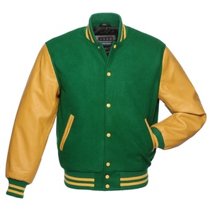 เสื้อแจ็คเก็ตเบสบอลทรงบอมเบอร์สำหรับผู้ชาย สีเขียวขนสัตว์ แขนหนังสีเหลืองทอง แต่งตัวอักษรแบบ Varsity - Product Image 1