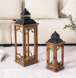 Juego de Portavelas de Madera Rústica con Panel Superior de Vidrio y Metal, Lámpara de Mesa Estilo Rústico, Decoración para el Hogar, Navidad, Hecho a Mano - Product Image 1