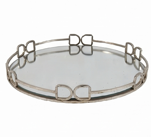 Premium <b>Round</b> <b>Mirror</b> Serving <b>Tray</b> With Geometric Metal Frame Polished Finish Decorative Residential Use Wedding Event Restaurant - Product Image 1