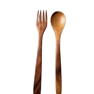 Ensemble de couverts en bois naturel écologiques de haute qualité, cuillère et fourchette en bois à long manche fabriquées à la main pour restaurant et cuisine - Product Image 1