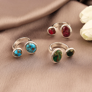 18k Silver Plated Brass <b>Adjustable</b> <b>Ring</b> Copper Turquoise Gemstone Bezel Setting Oval Open Band Trendy Unique Women Fashion <b>Rings</b> - Product Image 4