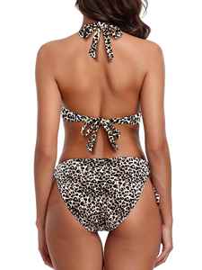 Women <b>Leopard</b> Color Blocking One-Piece Bikini Set Halter Neck Push High Cut Bottom Bandeau Bra Crystal Decoration Stretch Fabric - Product Image 4
