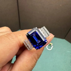 Women's 925 <b>Silver</b> Cocktail <b>Ring</b> With <b>Emerald</b> Cut Sapphire And Diamond Accents Prong Setting Classic Engagement Style - Product Image 4