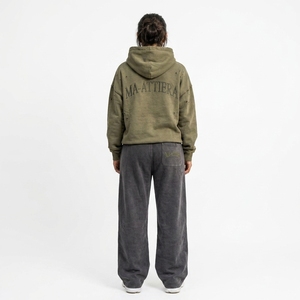 Survêtement streetwear personnalisé vert olive avec strass, sweat à capuche et pantalon large gris, vente en gros OEM - Product Image 2