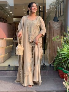 Beige Heavy Silk Indian <b>Wedding</b> Suit with Embroidered <b>Jacket</b> and Dupatta <b>Women's</b> Traditional Loose Fit Floor Length Outfit - Product Image 4