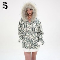 Sudadera con capucha premium personalizada para hombre, de 450 g/m², con estampado de billetes y cremallera – Capucha de piel sintética de lujo y gráfico integral de billetes de dólar