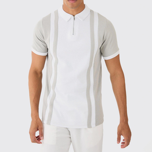 <b>White</b> & Grey Stripe Anti-Pilling Paneled <b>Zip</b> Polo Shirt for Men Premium Quality Streetwear Short Sleeves Slim Fit Polo Shirts - Product Image 1