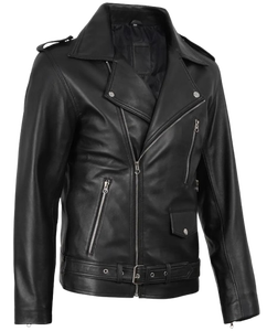Blouson en cuir noir pour homme, style motard, avec ceinture, en cuir véritable, personnalisable avec logo, OEM/ODM, vente en gros - Product Image 1