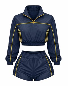 Women's Navy Blue 2-Piece Sports Set Full Sleeve Crop Top With Yellow Trim <b>High</b> Waist Shorts Spring Summer Sporty Style - Product Image 1