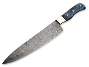 Couteau de chef artisanal en acier Damas avec manche en bois bleu et bolster en laiton pour trancher - Product Image 5