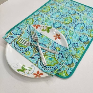 <b>Blue</b> Flower quilted Placemat napkin Block Print fabric <b>table</b> <b>mat</b> easy care machine washable rustic kitchen decor dining <b>mat</b> - Product Image 4