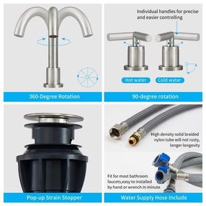 Rubinetto Moderno per Lavabo Bagno a 2 Maniglie in Nichel Spazzolato, Montaggio a 3 Fori, con Beccuccio Girevole a 360 Gradi, Rubinetto Contemporaneo per Vasca e Doccia - Product Image 3