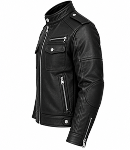 Chaqueta de Motociclista de Cuero PU Negra para Hombre, Corte Ajustado, Cuello Alto, Cierre de Cremallera, Estilo Biker, para Otoño - Product Image 3