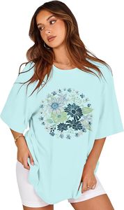 T-shirt décontracté en jersey de coton pour femme, bleu clair à imprimé floral, col rond, manches courtes, coupe ample, idéal printemps-été - Product Image 5