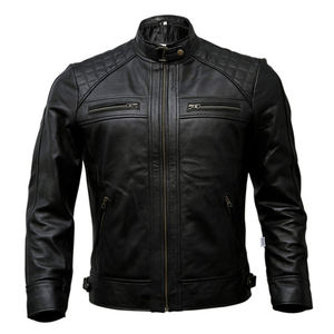 Men's Genuine Leather Motorcycle <b>Jacket</b> Stand Collar Zipper Closure Slim Fit Autumn Biker Style Solid Color Regular Sleeve - Product Image 1