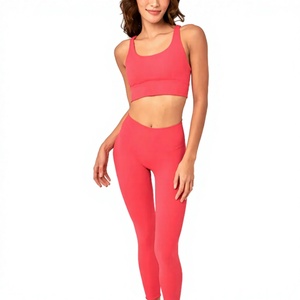 Ensemble de yoga 2 pièces pour femme, taille haute, couleur unie, haut court dos nageur et leggings longs, respirant et sans couture, vêtements de sport - Product Image 4