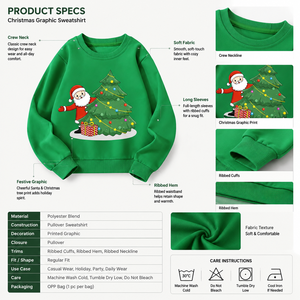 Pull-over en tricot pour enfants, motif de Noël, col rond, imprimé vert sapin et Père Noël, manches longues, 100% coton, coupe-vent, sweat-shirt décontracté pour l'hiver - Product Image 5