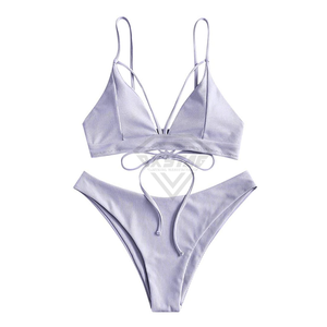 Women's Ribbed Bikini Set Crossed Halter Top Thong Bottom Solid Color Swimwear <b>Stretch</b> Fabric Beachwear 2 piece bikini set - Product Image 1