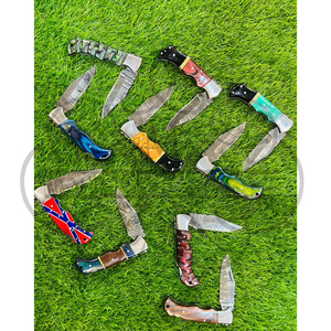 Cuchillo Plegable de Acero de Damasco con Mango de Madera Pakka y Funda de Cuero, ODM OEM, para Bolsillo, EDC, Caza, Camping, Grado Industrial - Product Image 4
