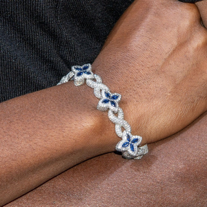 Bracelet Trèfle Porte-Bonheur Saphir Bleu en Argent Sterling 925 Plaqué Or 13mm, Bijou Hip Hop Sertie de Diamants Moissanite VVS, Cadeau - Product Image 3