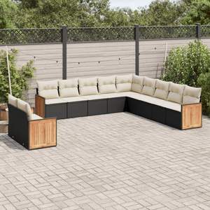 Ensemble de canapés de jardin modulaires en rotin PE noir, collection de meubles d'extérieur élégante, capacité de 10+ places, design avec panneaux en teck - Product Image 3