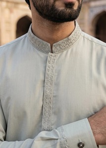 Kurta en coton gris clair pour homme, longueur cheville, tenue décontractée traditionnelle, coupe régulière, sans plis, style Inde Pakistan - Product Image 5