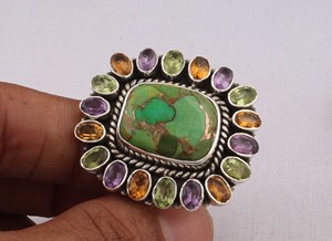 Anillo de Plata de Ley 925 con Turquesa Verde Natural y Múltiples Piedras Preciosas, Anillo de Piedras Mixtas, Estilo Vintage, Colorido - Product Image 4
