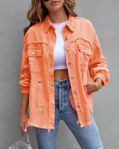 Women's Red Denim Jacket Distressed Cut-Out Loose Fit Casual Spring Style Solid Color <b>Button</b> Front Cotton Fabric - Product Image 6