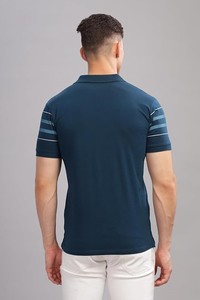 Camiseta de punto para hombre, azul marino, teñida con hilo en la parte delantera, de tejido grueso, manga corta, corte regular, estilo urbano informal - Product Image 5