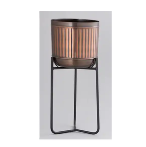 Ribbed Copper <b>Flower</b> <b>Pot</b> with <b>Tall</b> Black Metal Stand Modern Indoor Plant Planter Corner Styling Staggered Heights Living Rooms - Product Image 1