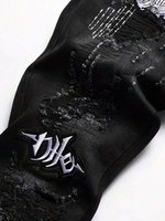 Pantalon en jean noir déchiré, brodé et patché, coupe droite, style streetwear hip-hop Y2K gothique pour homme
