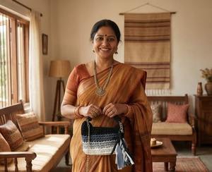 Bolso Mini Estilo Vintage con Cadena – Bolso de Hombro Boho con Rayas Negras y Grises, Elegante con Perlas y Dos Correas, Tejido de Cordón de Algodón - Product Image 5