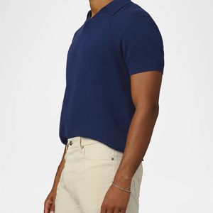 Men's Summer Breathable 100% Cotton <b>Waffle</b> Knitwear Vintage Johnny Collar Short Sleeve Color <b>Blocked</b> for Shirt Slim Fit - Product Image 3