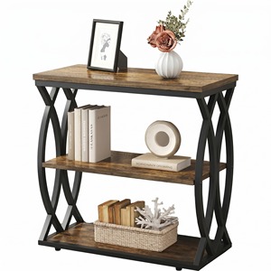 Industrial 3 Tier Console Table <b>Rustic</b> Wood Side Sofa Table Metal Frame Narrow Entryway Hallway Accent Display Storage <b>Shelf</b> - Product Image 1