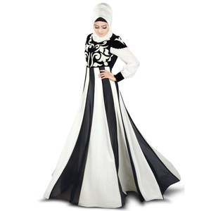 Robe longue élégante en mousseline noire et blanche, col rond, manches longues, coupe droite simple et naturelle pour femme - Product Image 1