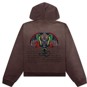 Men's <b>Oversized</b> <b>Vintage</b> Brown Pullover Hoodie Distressed Finish Embroidered Dragon Pocket <b>Sweatshirt</b> OEM Wholesale - Product Image 2
