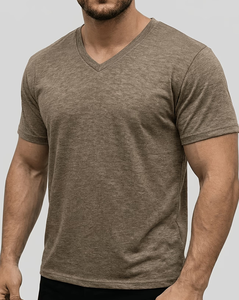 Men's V-Neck Short Sleeve Solid Cotton Casual T-Shirt Regular Fit Breathable Enzyme Wash Jersey Fabric 180g Eco-Friendly - Product Image 1