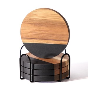 Teak Wood Coaster Set with <b>Black</b> Steel <b>Frame</b> | Handcrafted Minimalist Design Wholesale - Product Image 3