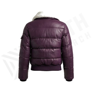 Blouson aviateur en cuir véritable violet avec garniture en fourrure, fermeture éclair, coupe-vent d'hiver, épais, manches longues, couleur unie - Product Image 2