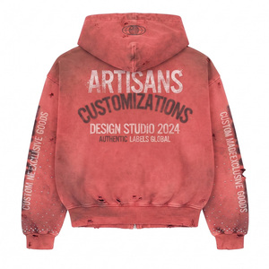 Sudadera con capucha y cremallera para hombre, 450 g/m², con efecto desgastado por la luz solar, estampado gráfico de pedrería, corte holgado, estilo streetwear - Product Image 2
